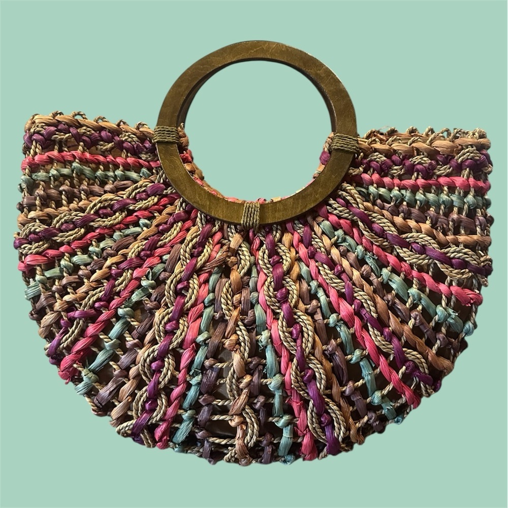 Boho Multicolor Woven Handbag with Wood Handles - Charming Charlie